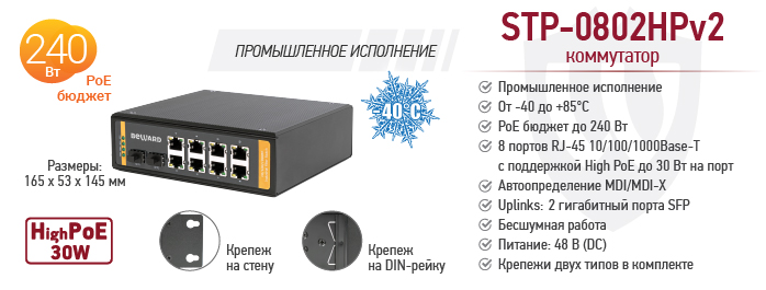Новинка! Промышленный неуправляемый High PoE коммутатор STP-0802HPv2