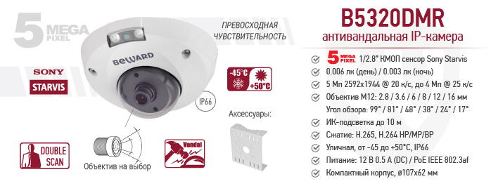 Рекомендуем! Антивандальная 5 Мп мини IP-камера BEWARD B5320DMR