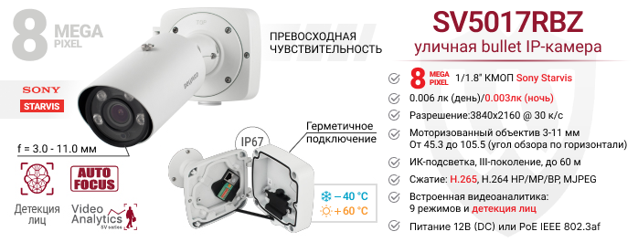 Рекомендуем! 8 Мп IP камера SV5017RBZ с моторизованным объективом, встроенной видеоаналитикой и детекцией лиц