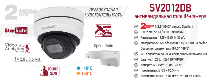 Рекомендуем! 2 Мп уличная антивандальная IP-камера SV2012DB