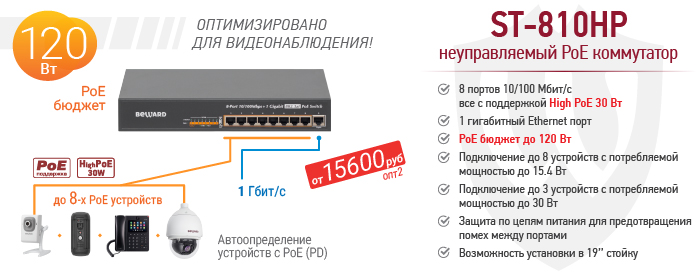 Plug&Play PoE коммутатор BEWARD ST-810HP